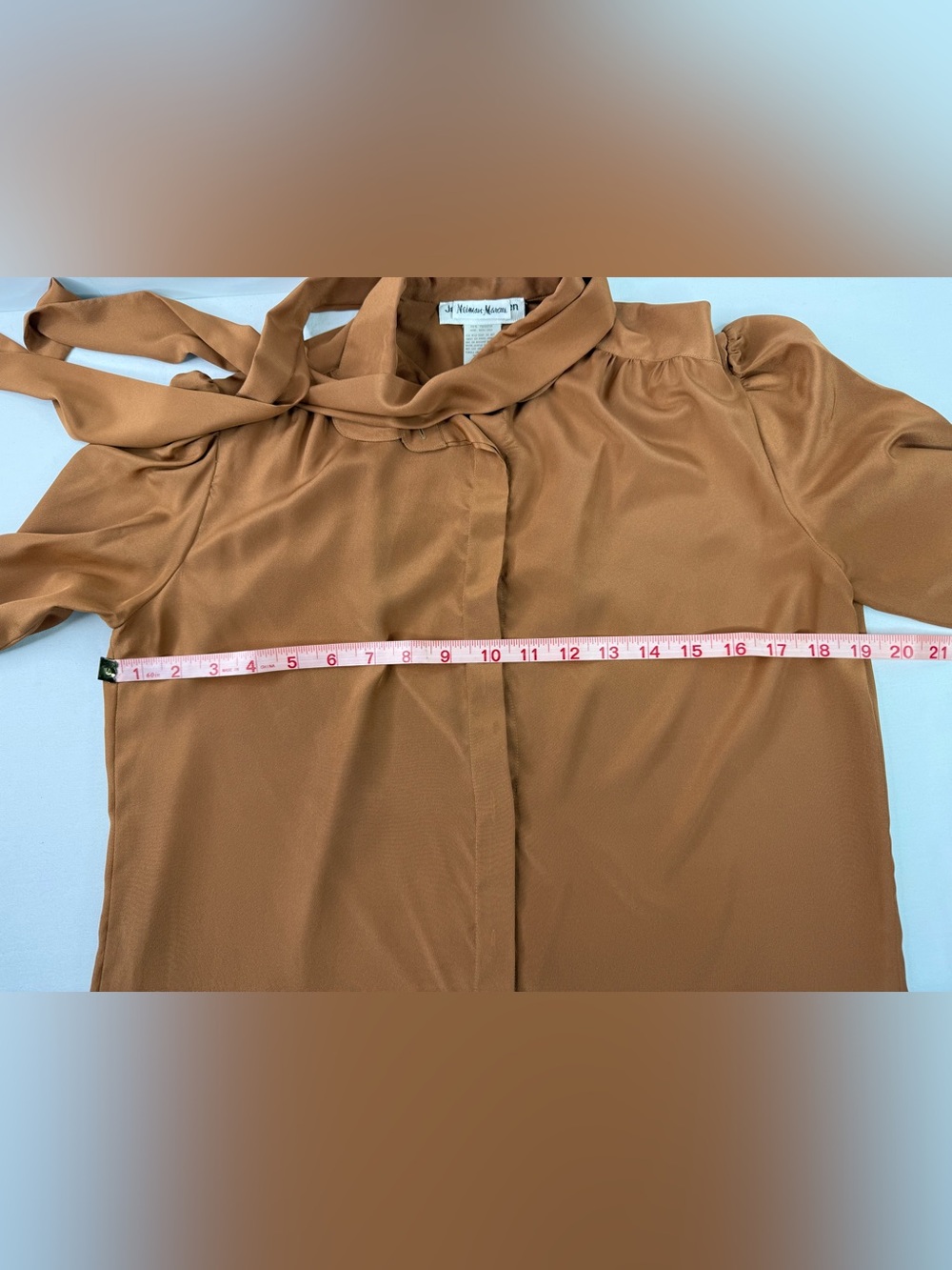 Neiman Marcus Jack Mulqueen Satin Tie-Neck Blouse Copper Brown Vintage Size 8 - Picture 9 of 10
